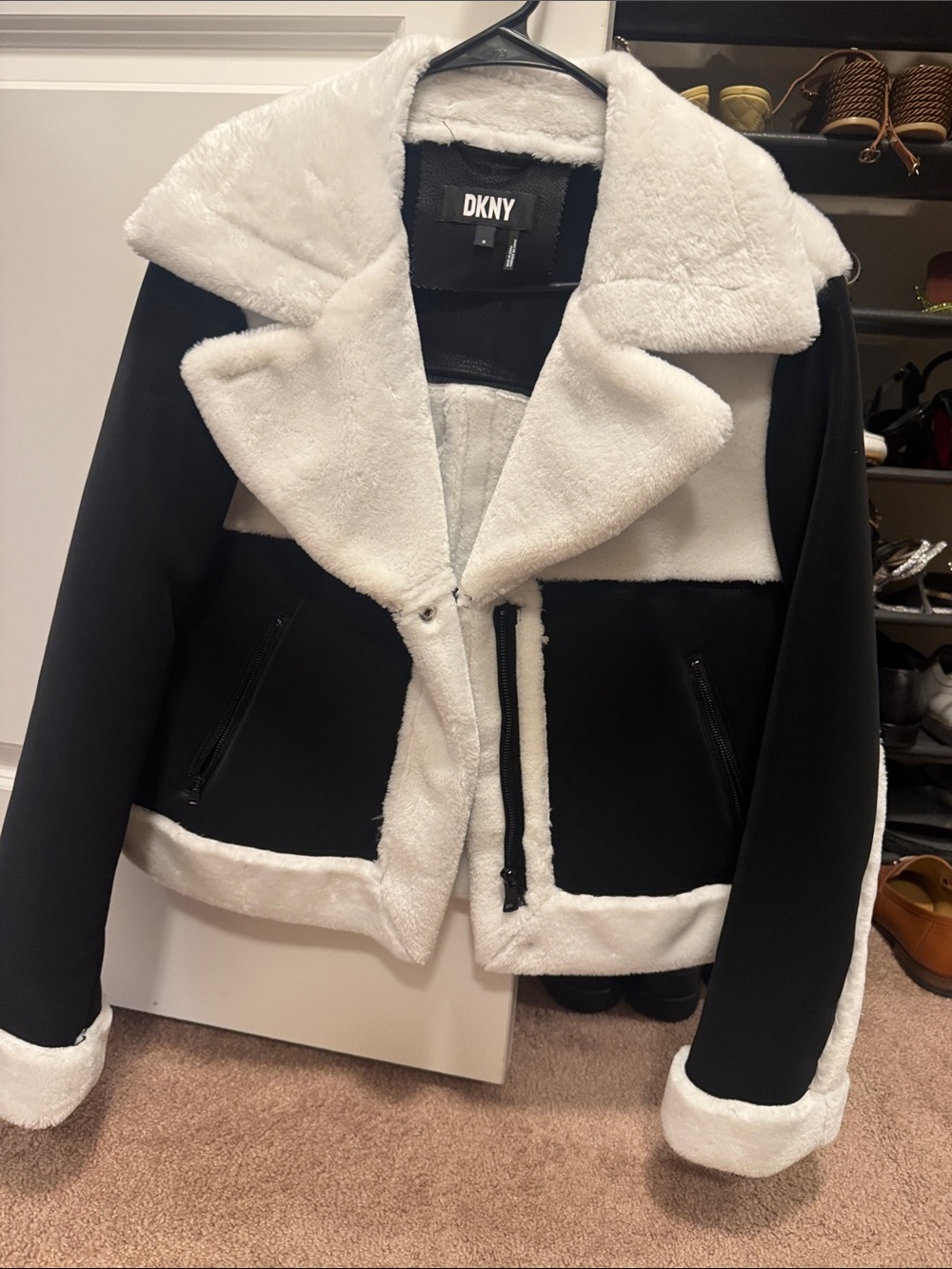 DKNY Black and White Faux-Shearling Contrast Moto Jacket